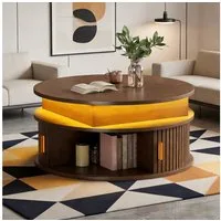 Merax Couchtisch hochglanz Sofatisch höhenverstellbar Beistelltisch mit LED-Beleuchtung (Versteckter Stauraum & Höhenverstellbare Tischplatte, 1-St), Runder Wohnzimmertisch mit 2 Rollladentüren & Stauraum, 75x75x52cm