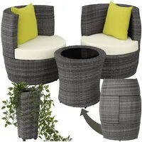 tectake Sitzgruppe Aluminium Rattan Gartenlounge, stapelbar, mit Sicherheitsglasplatte, (Loungeset Nizza, 4-tlg., für Außen in Grau), wetterfest und UV-beständig, gepolstert, inklusive Vase und Kissen