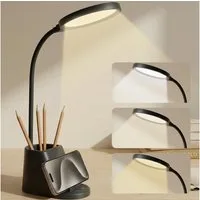 LQWELL LED Schreibtischlampe 4 in 1 LED Schreibtischlampe USB Aufladbar, LED fest integriert, 3 Helligkeitsstufen Nachtlicht, 360° Flexibel Stifthalter Tischlampe Studienlampe, mit Telefonhalter,für Heimbüro