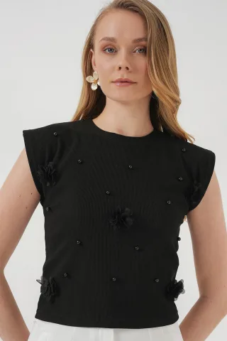 Bestickte Crop-Bluse mit Rundhalsausschnitt
