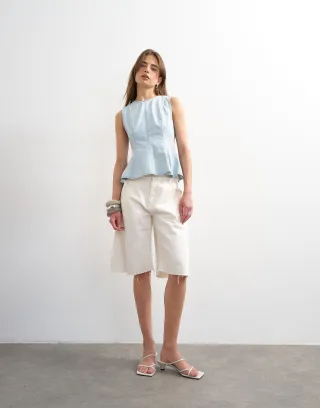 TOPSHOP - TSLEA SL SEAMED PEPLUM DENIM TOP LB Light Blue Denim - Gr. - 34
