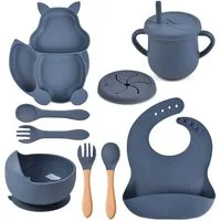 AIMAX Kindergeschirr-Set Baby-Teller 8-teiliges Set Kinderteller mit Saugnapf, Kindergeschirr Teller Lätzchen Schüssel Löffel Gabel Trinkbecher