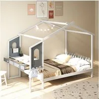 COSTWAY Kinderbett, Hausbett, mit Lattenrost & Schreibtisch, 140x200cm