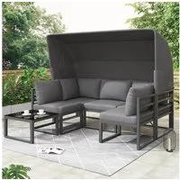 Celya Gartenlounge-Set Gartenloungeset mit Dreisitzer-Sitzbank und Esstisch für 5 Personen, (mit Markise 4er Set Balkon, Terrassenmöbel, Wetterfest Grau, Inkl. aller Kissen), Iron Sunny Island Sitzgruppe Hocker und Tisch