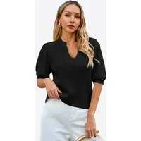 Imily Bela Kurzarmpullover Damen Waffelstrickpullover mit Puffärmeln (Packung, 1-tlg., 1per-Pack) mit V-Ausschnitt