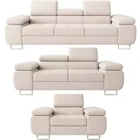 M-Punkt24 Polstergarnitur Sofa Wohnlandschaft DUBAI, (3-2-1, mit Bettfunktion, XL Sofa-Set, Bigsofa, Samt, Creme), Bestehend aus 3-Sitzer mit Bettfunktion, 2-Sitzer, Sessel