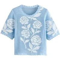 Next Kurzarmpullover Kurzärmeliges T-Shirt mit Häkelblumen (1-tlg)