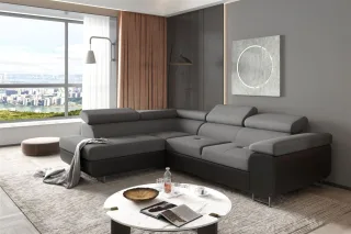 Ecksofa Sofa JADE Stoff Soft / Sawana Schwarz-Grau mit Schlaffunktion Ottoman...