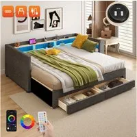oyajia Polsterbett Daybett Tagesbett Ausziehbett mit LED-Beleuchtung (Quadratischer Rückenlehne, 2 Schubladen für Stauraum, mit Stauraum, USB-C, ohne Matratze), Multifunktionalem Ausziehbett & Stauraum 90x190/180x190 cm