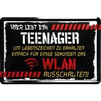 WOGEKA ART Metallbild Hier lebt ein Teenager - 20 x 30 cm Retro Blechschild, Blech465, Metallschild Wanddeko Spruch Schild Wandbild Türschild Kinderzimmer