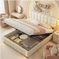 ADWOLT Polsterbett Doppelbett Stauraumbett mit Bettkasten und LED-Leuchten (Packung, 1-tlg., Mit Kopfteil und Bettgestell), 160x200 cm,Bettgestell mit pneumatischen Stützstangen,Samtstoff,beige