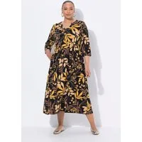 Ulla Popken Maxikleid Jersey-Maxikleid A-Linie Tunika-Ausschnitt 3/4-Arm