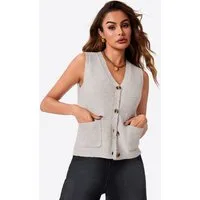 Imily Bela Strickweste Damen Ärmellos mit V-Ausschnitt Knopfleiste und Taschen (Packung, 1-tlg., 1per-Pack) in Unifarbe gehäkelt
