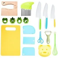 Zaewry Kinderkochmesser 17 teiliges Kinder Küchenmesser-Set,kindersicheres Kochset, mit Holzmesser, Schneidebrett und Schäler,Rollenspiel ab 3 Jahren