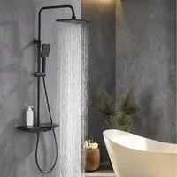 HOMELODY Duschsystem mit Thermostat und Glasablage Ohne erneutes Bohren erforderlich, 2 Strahlart(en), Wasserauslass Verbrühungsschutz,28x18 CM Kopfbrause,Schwarz