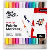 Mont Marte Textilmarker Set 12 Farben – Dual Tip Stoffstifte mit 2 mm & 5 mm Spitze, (Set, 12-tlg., unterschiedene Farben für kreatives Arbeiten auf Textilien), Textilstifte zum Bemalen von T-Shirts, Stofftaschen & Textilien, DIY