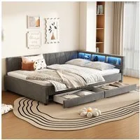 Merax Daybett (Schlafsofa Polsterbett, 1 tlg), Tagesbett 140x200cm mit LED, USB-C & Schubladen, Leinen