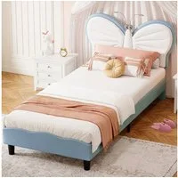 ADWOLT Polsterbett Kinderbett Bettgestell in Schmetterlingsform, Mit LED-Leseleuchte (Packung, 1-tlg., Jugendbett), 90x200 cm,Geeignet für Jugendliche und Kinder, Samtstoff - blau