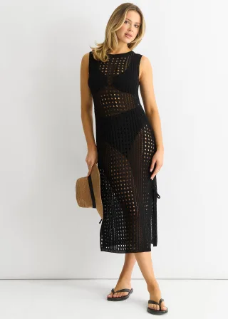 Schwarzes Häkelstrick-Bodycon-Midikleid