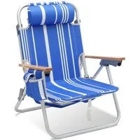 Sekey Campingstuhl Alu Strandstuhl Faltbar Liege Klappstuhl mit verstellbare Rückenlehne, Mit Holz-Armlehnen, 2 Kühltaschen, Getränkehalter und Schultergurt