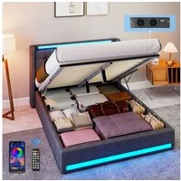 oyajia Stauraumbett LED Hydraulisches Doppelbett 140x200cm mit Ladefunktion (LED, USB- & Typ-C-Ladestation), 90/140/160 x200cm mit Ladefunktion