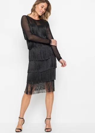 bonprix Midikleid aus softem Mesh mit Fransen, schwarz, Gr.40/42 (M), Stylisches Partykleid aus softem Mesh mit Fransen