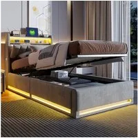 Gdood Polsterbett Stauraumbett Doppelbett LED, Samtstoff (1-tlg., Type-C + USB, Hydraulisch hebbarer Stauraum), Mit Bettkasten, LED-Beleuchtung, USB-Anschluss, 90x200 cm