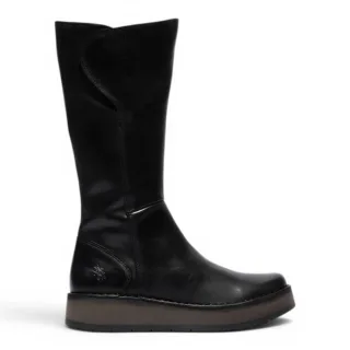 Fly London Damen Schwarze Lederstiefel mit hohem Zug – RHEA042