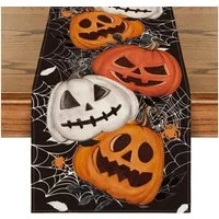 Sorvyzxn Tischläufer Halloween Tischläufer 33 × 183 cm, Spinnennetz & Kürbis Motiv, Für Esstisch, Küche, Herbst & Halloween Deko