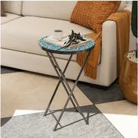 Outsunny Gartentisch mit Mosaik-Design, Ø35,5 x 55 cm, Rund, wetterfest, aus Metall (klappbar Balkontisch, 1-St., Beistelltisch), für Wohnzimmer, Büro, Outdoor, Indoor, Blau