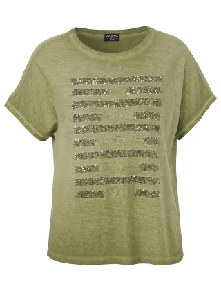 VIA APPIA DUE - T-Shirt Rundhals 1/2 Arm Motiv Pailletten moos - Gr. - 48