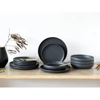 CreaTable Tafelservice Teller Set, Geschirr-Set Uno Black (12-tlg), 4 Personen, Steinzeug, Service, schwarz, seidenmatte Spezialglasur,12 Teile, für 4 Personen