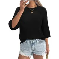 Arach&Cloz Strickpullover Damen 3/4-Arm Strickpullover, Ajour Bigshirt Bluse aus 100% Baumwolle Lässiges Sommer Oberteil mit Häkeldetails
