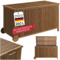 STEELSØN Auflagenbox Alkes Gartenbox aus Akazienholz mit klappbarem Deckel (geölt, mit Rädern & Griff), wetterfeste Kissenbox, hochwertige Innentasche, Sitztruhe für Garten