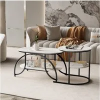 PXloue Couchtisch rund Beistelltisch Satztische 2er Set, 2 in 1 Mit Marmormuster Tischplatte, 80 x 46 x 45 cm/52 x 51 cm