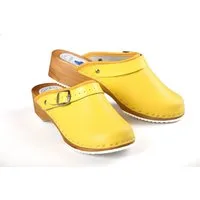 Aves-24 CLOGS Pantolette Sandalette Leder Holzschuhe Holzclogs Damen Klotschen Clog Gelb 36