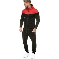 L.gonline Freizeitanzug Herren Jogginganzug, Freizeitanzug 984 Schwarz/Rot XXL (Kapuzenjacke mit Reißverschluss, Hose, 2-tlg), Fitness Freizeit Casual