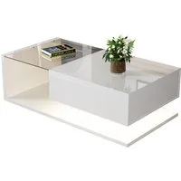 Merax Couchtisch hochglanz Beistelltisch mit Stauraum und Glastischplatte, Wohnzimmertisch mit Schublade, Sofatisch Kaffeetisch mit LED