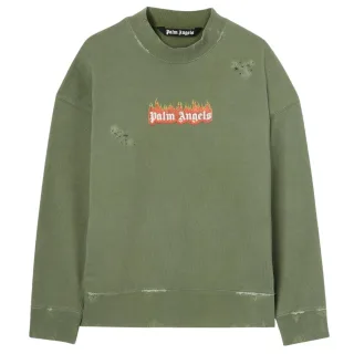 Palm Angels - Burning Logo - Rundhalspullover In Militärgrün