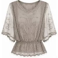 ITALY VIBES Spitzenbluse - Damen Spitzenbluse mit Lochstickerei, Boho Sommerbluse, Kurzarm ONE SIZE, passend für Größe XS bis L