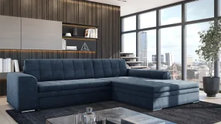 Ecksofa Schlafsofa Sofa LUSAKA in Stoff Fresh Dunkelblau Ottomane Rechts