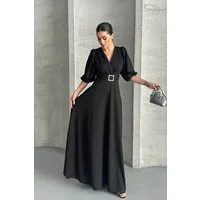WOMAN VISION Abendkleid Maxikleid mit V-Ausschnitt und Gürteldetails