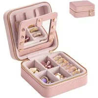 SONGMICS Schmuckkasten Reise, Schmuck-Reiseetui, Spiegel, Reißverschluss, Geschenkidee, Schmuckaufbewahrung tragbar, PU-Bezug, 11,4 x 11,4 x 6 cm