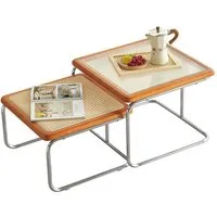 PFCTART Couchtisch 2er Couchtisch Set mit Glas & Rattan im Nesting-Design (2-St., 56/50 cm Beistelltisch für Wohnzimmer, Sofa & Lounge), Platzsparend stapelbar, Metallgestell & Kautschukholzrahmen