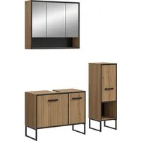 welltime Badmöbel-Set LOCRI, 3-tlg. Badkombination, Breite 125 cm, Rillenoptik, Metallkufen, (3-St., bestehend aus: Waschbeckenunterschrank, Spiegelschrank & Standschrank), Bad-Kombination, Bad-Möbel, Badezimmer, Kombination, Kombi