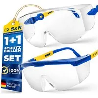 S&R Arbeitsschutzbrille Überbrille für Brillenträger, EN166, verstellbare Bügel, UV 400 Schutz, (Set, 2St., 2 Sicherheitsbrillen 1 Schützhülle, 1 schonendes Reinigungstuch), Sicherheitsbrillen aus stoßfestem Polycarbonat, transparent