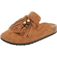 Ital-Design Damen Clog mit Fransen und Perlen, Schlupfschuh Pantolette (91742364) Flach Pantoletten in Camel
