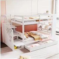Flieks Etagenbett, Kinderbett 90x200cm mit 2 Schubladen, Seitschrank, Stauraumtreppe