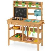 KOMFOTTEU Outdoor-Spielküche, mit abnehmbaren Spülen, Tafel, Herd, Blumentöpfen & Gartenwerkzeugen