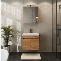 Planetmöbel Badmöbel-Set Badmöbel Set - Waschtisch mit Spiegelschrank 63 cm, (Waschbecken mit Unterschrank, 3-St., Spiegelschrank Bad mit Beleuchtung)